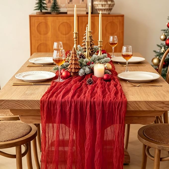 Red Cheesecloth Table Runner, 10FT Rustic Christmas Red Boho Gauze Table Runner - Image 4