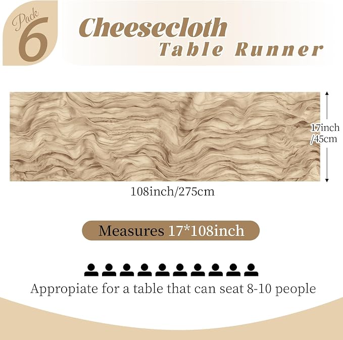 6 Pack Beige Cheesecloth Table Runner, 17 x 108 Inch, Gauze Cheese Cloth Table - Image 2