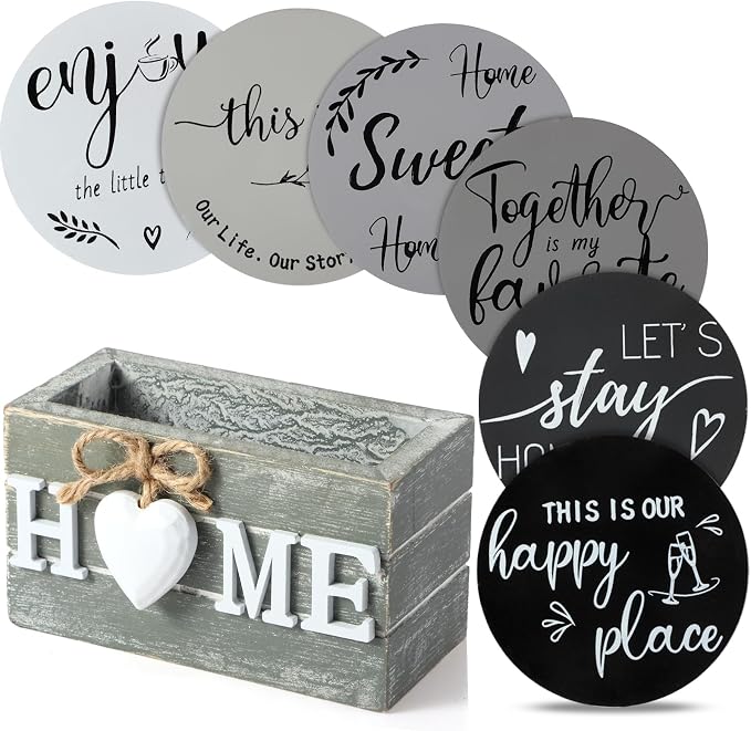 Queekay Coasters Set of 6 House Warming Gifts New Home Wooden Farmhouse Drink by Queekay