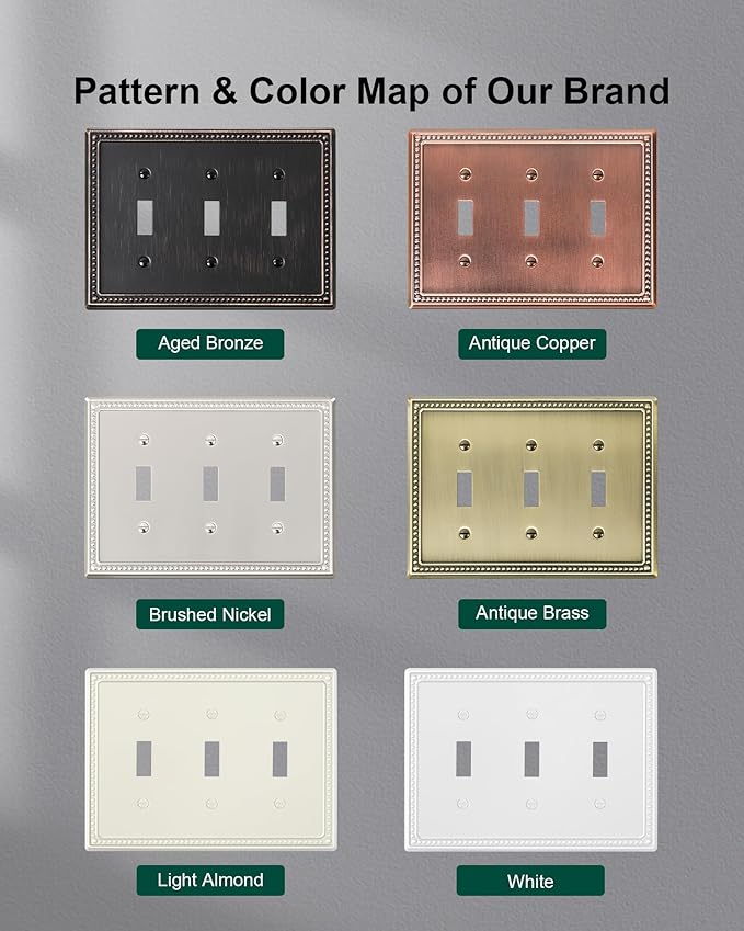 2-Pack Triple Toggle Light Switch Cover Plate, Pearls Decorative Switch Plate Covers, Pure White 3 Gang Metal Wall Plate, Corrosion Resistant