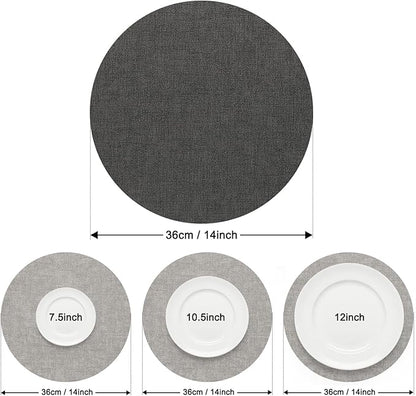 Myir JUN Reversible Vinyl Round Placemats Set of 6, Faux Leather Place Mats Dual Sided Waterproof Oilproof Wipeable, Heat-Resistant Table Mats for Kitchen Dining Indoor Outdoor (14", Light Gray Gray)