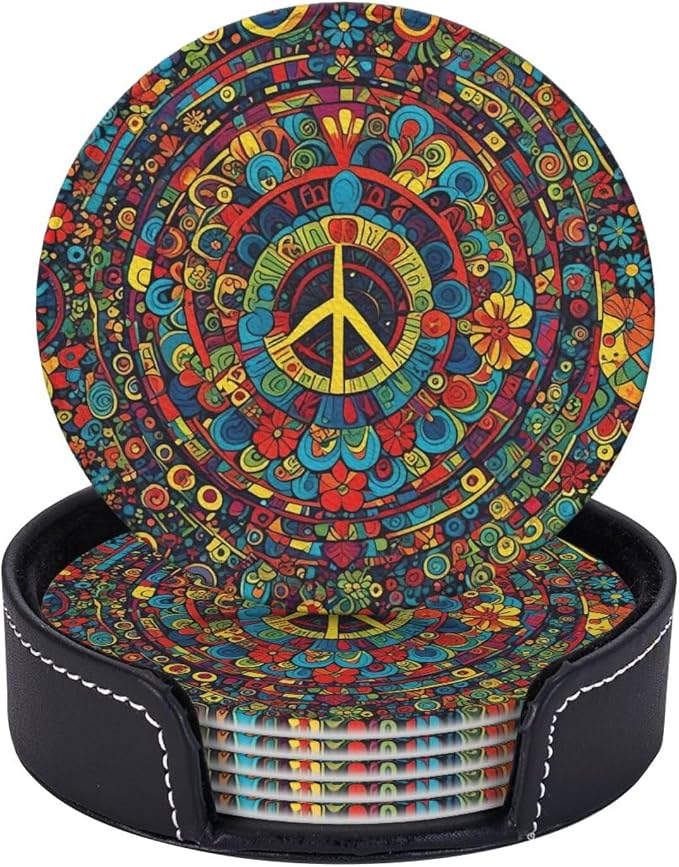 Drink Coasters with Holder Stand Set of 6, Hippies Peace Pu Leather Absorbent by Unknown