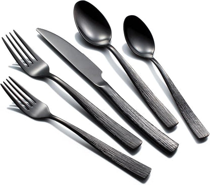 40-Piece Black Silverware Set for 8, CITESANA Heavy Duty Stainless Steel Flatware Set with Ripple Handles, Mirror Polished Kitchen Cutlery Set