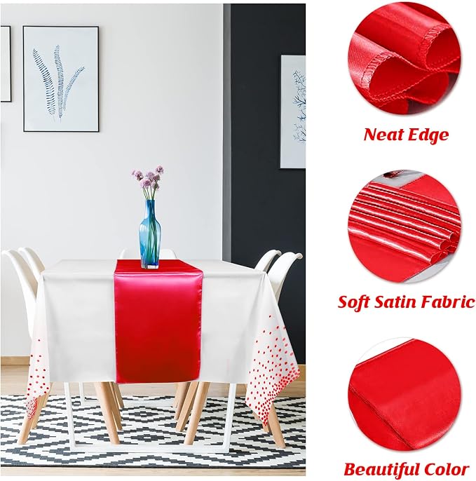 16Pack Disposable Plastic Tablecloths and Satin Table Runner Set White and Red - Image 3
