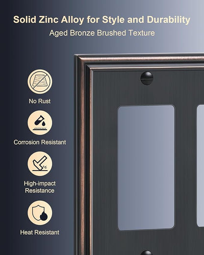 2-Pack Decorative Double Decorator Outlet Cover Plate, Durable Zinc Alloy Aged Bronze Wall Plates for Electrical Outlets, Receptacle, GFCI Outlet, Dimmer Switch, 2-Gang, Corrosion Resistant