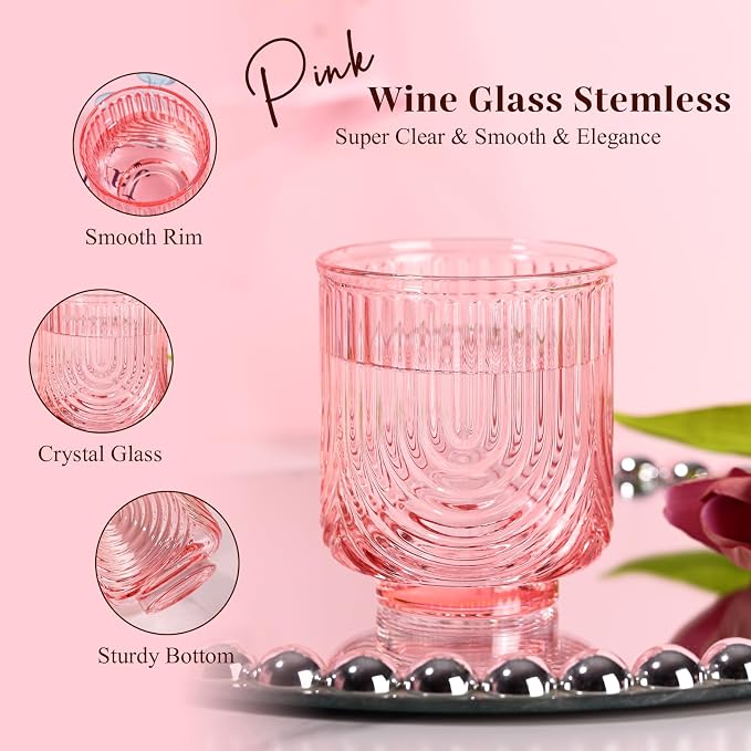 Pink Vintage Drinking Glasses Set of 6-15oz Hand-Blown Highball Ribbed Glassware - Image 4
