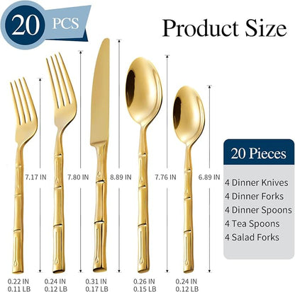 Gold Silverware Set 20-Piece Bamboo Pattern Service - Image 2