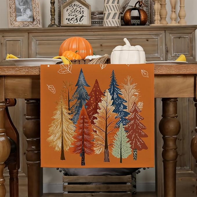 Fall Watercolor Trees & Maple Leaves Table Runner 13x90 Inch, Rustic Farmhouse - Image 3