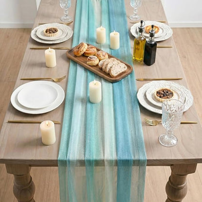 Artoid Mode Boho Blue Stripes Spring Chiffon Table Runner 120 Inches 10FT - Image 3