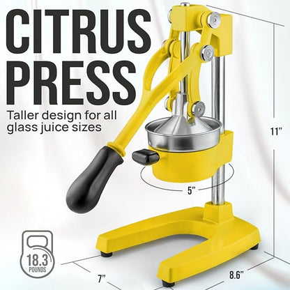Zulay Kitchen Cast Iron Juicer - Easy-to-Clean Heavy-Duty Manual Juicer, Professional Citrus Juicer - Stainless Steel Lemon Squeezer - Manual Citrus Press & Orange Squeezer - Orange Juicer (Yellow)