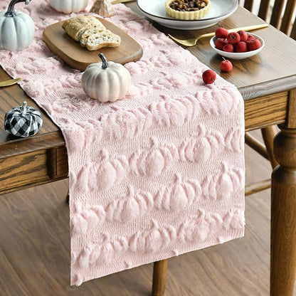 Artoid Mode Pink Soft Faux Fur Pumpkins Fall Table Runner 13x72 Inch | Seasonal by ArtoidMode