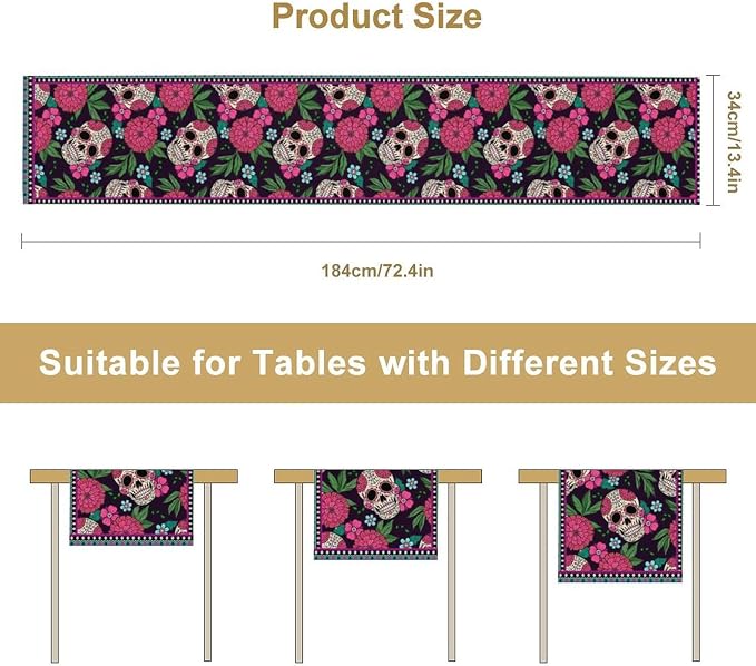 YCness Dia De Los Muertos Table Runner Red Floral Cinco De Mayo Rustic Linen - Image 3