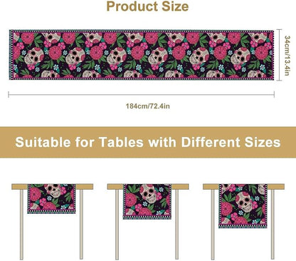 YCness Dia De Los Muertos Table Runner Red Floral Cinco De Mayo Rustic Linen - Image 3