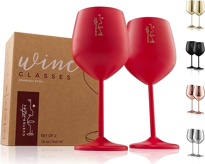 Gusto Nostro Stainless Steel Wine Glass - 18 oz - Unbreakable Colorful Wine Glasses for Travel, Camping and Pool - Fancy, Unique and Cool Portable Metal Wine Glass for Outdoor, Picnics (Set of 2)