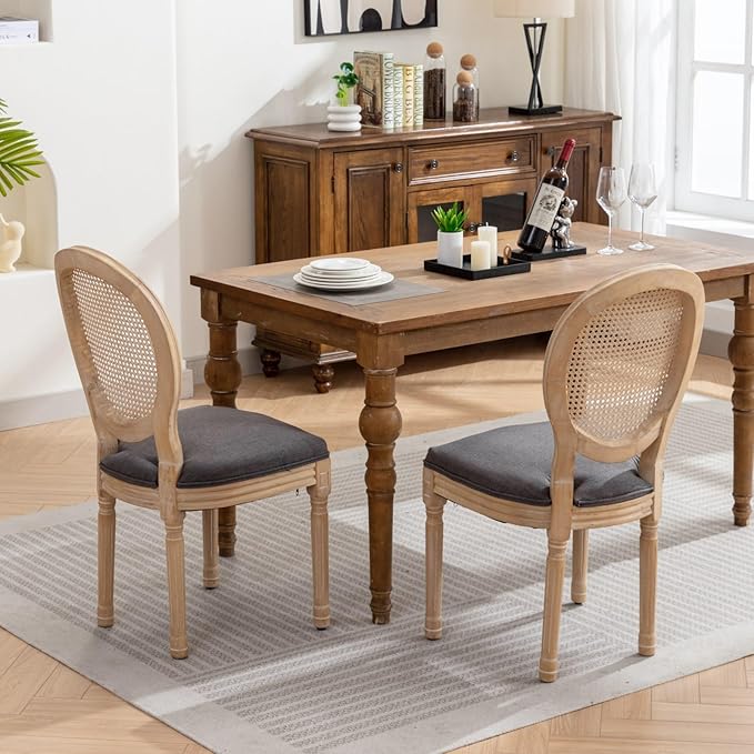Vintage French Rattan Dining Chairs Set of 2, Solid Wood Frame with Round Rattan Back and Linen Upholstered Seat, Farmhouse Accent Sillas de Comedor Side Chairs for Dining Room & Kitchen, Gray
