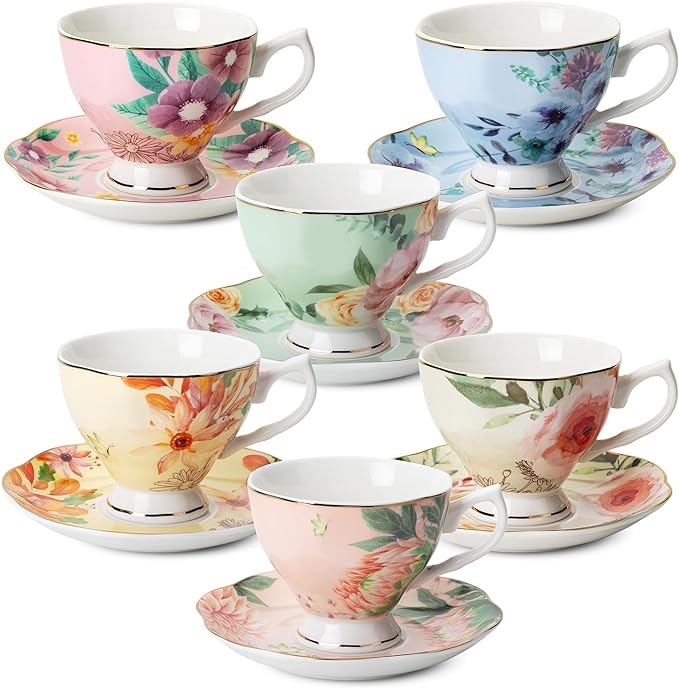BTaT- Floral Tea Cups and Saucers, 6 Pack, 8 oz | Fine Porcelain Teacup Set by BrewToATea