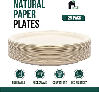 EconoHome 10 Inch Compostable Paper Plates - Eco-Conscious Disposable Plates Made of Bagasse or Sugarcane Fiber - Microwave, Refrigerator-Safe - Heavy Duty Paper Plates for Dinner - Case of 500