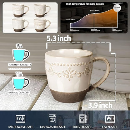 Artena Ceramic Coffee Mugs Set of 4, 16oz Embossed Large Latte Mugs Coffee Cups - Image 2