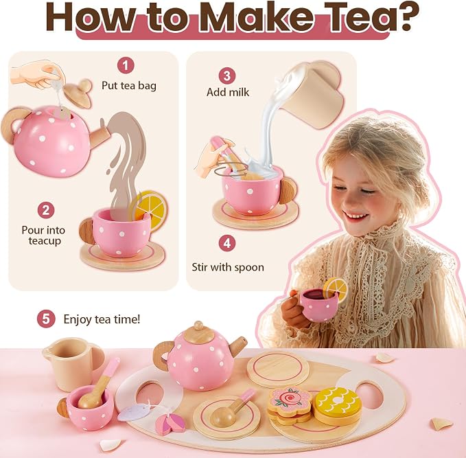 Tea Party Set for Little Girls, Wooden Tea Set for Toddlers 1-3 | Girls Tea - Image 3
