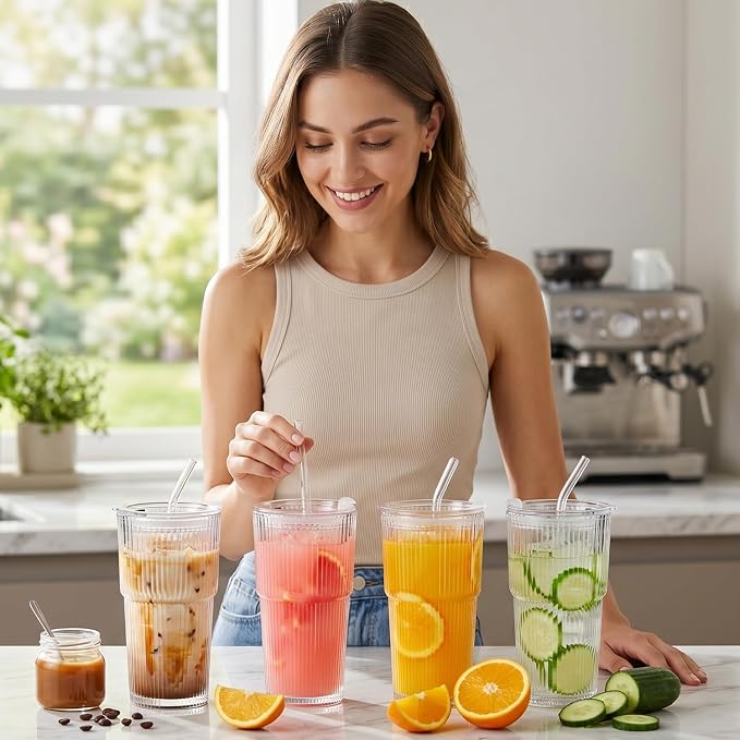 Wells 20oz Glass Cups with Lids and Straws, Ribbed Iced Coffee Cups, Thickened - Image 3
