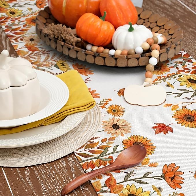 Fall Pumpkins and Sunflowers Table Runner 13x120 Inch, Maple Leaves Farmhouse - Image 5