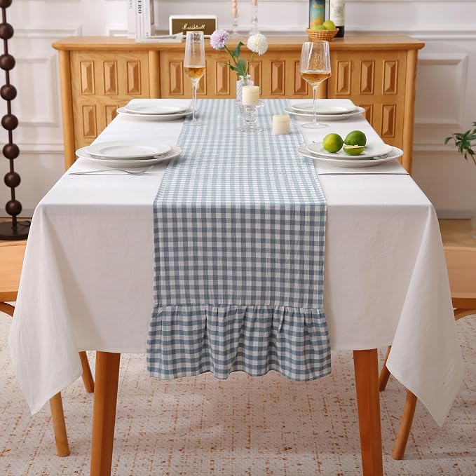Dust Blue White Plaid Gingham Ruffle Table Runner 72 inches Long 100% Washed by KMASANIJI