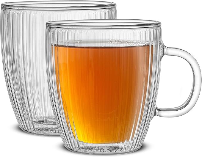 JoyJolt Fluted Glass Coffee Mugs, Double Wall 13.5oz Clear Glass Coffee Mug Set by JoyJolt