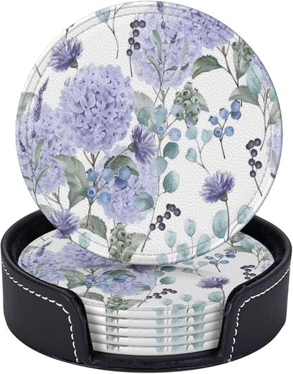 6 Pcs Blue Purple Hydrangea Flower Leather Coasters by Jfniub