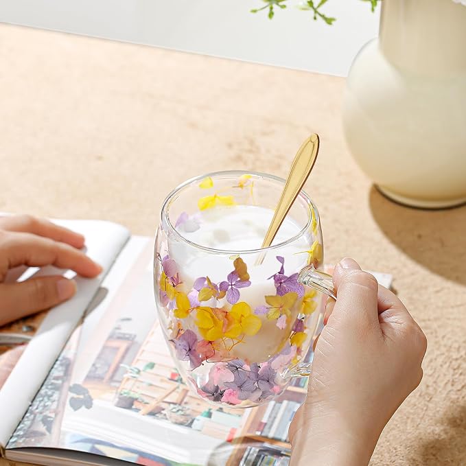 Double Wall Glass Coffee Mugs, Aesthetic Dried Flowers Cups - Image 3