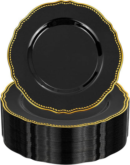 Hioasis 60pcs Black Plastic Plates - Black and Gold Disposable Dinnerware with Gold Rim, Heavy-duty, 7.5 inch, Dessert Plates for Party & Halloween