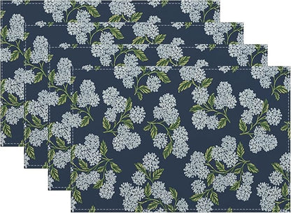 Navy Blue Placemats Set of 4 Blue Green Hydrangea Flower Decor Place Mats 12x18 Inch Vintage Floral Spring Summer Seasonal Decorative Linen Table Mats for Kitchen Dining Party Table Decoration