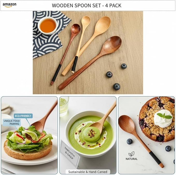 Acacia Wood Spoon Set, Long Wooden Mixing Spoons（4 PCS） | Honey Spoons - Image 7