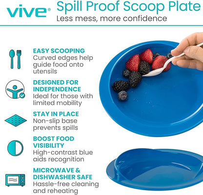 Vive Spill-Proof Scoop Plate, 9" (6 Pack) - Dish with Wall for Disabled, Handicapped, Elderly Adults with Special Needs from Parkinsons, Dementia, Stroke, Tremors with - Non Skid Padded Bottom