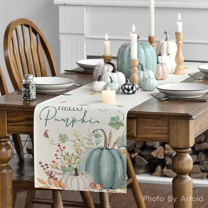 Artoid Mode 210 GSM Fall Table Runner 13x72 Inch Home Party Decor | Aqua Hello - Image 3