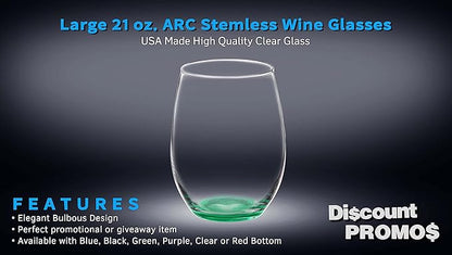 DISCOUNT PROMOS 10 ARC Stemless Wine Glasses Set, 21 oz. - Chardonnay, Cabernet, Merlot, Sauvignon - Green