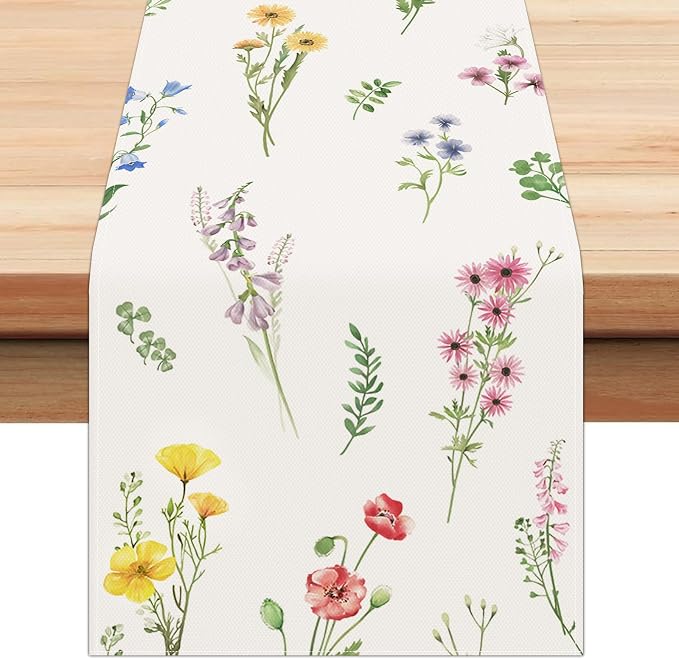 Bonhause Spring Floral Table Runner 13x90 Inch Purple Pink Wildflower Leaves by Bonhause