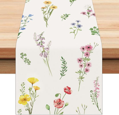 Bonhause Spring Floral Table Runner 13x90 Inch Purple Pink Wildflower Leaves by Bonhause