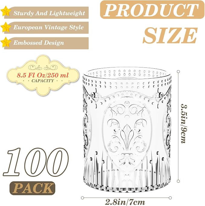 Qinyoung 100 Plastic Vintage Drinking Glasses 8.5oz Stemless Retro Embossed - Image 2