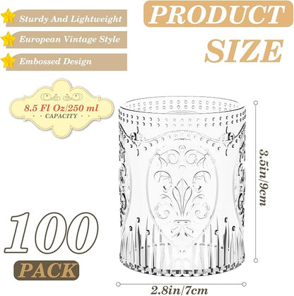 Qinyoung 100 Plastic Vintage Drinking Glasses 8.5oz Stemless Retro Embossed - Image 2