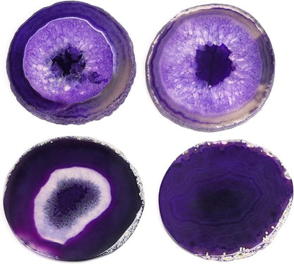 Agate Coaster Set of 4, 3.5-4" Natural Geode Stone Coasters for Drinks Coffee Table Decor Agate Slices Glass Cups Holder for Home Guest Room Housewarming Birthday Gift (Purple)
