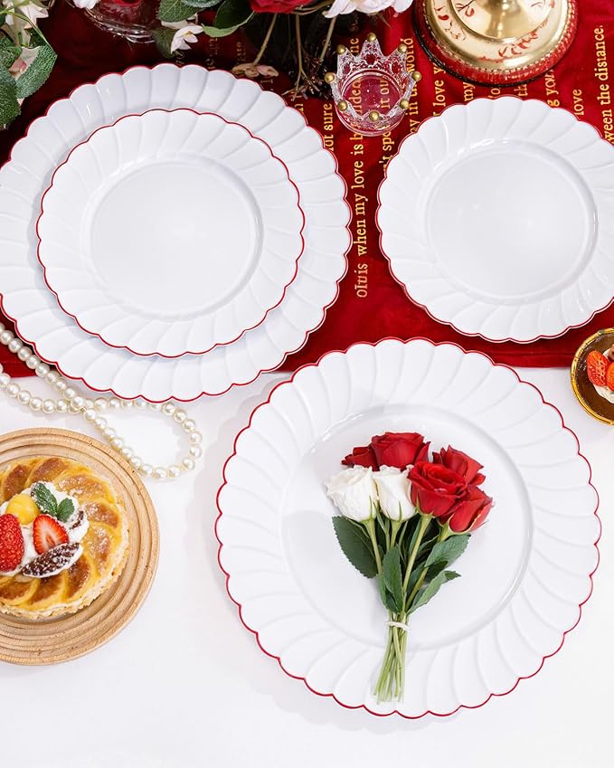 YOUBET 60PCS Red Scalloped Plastic Plates - Image 8