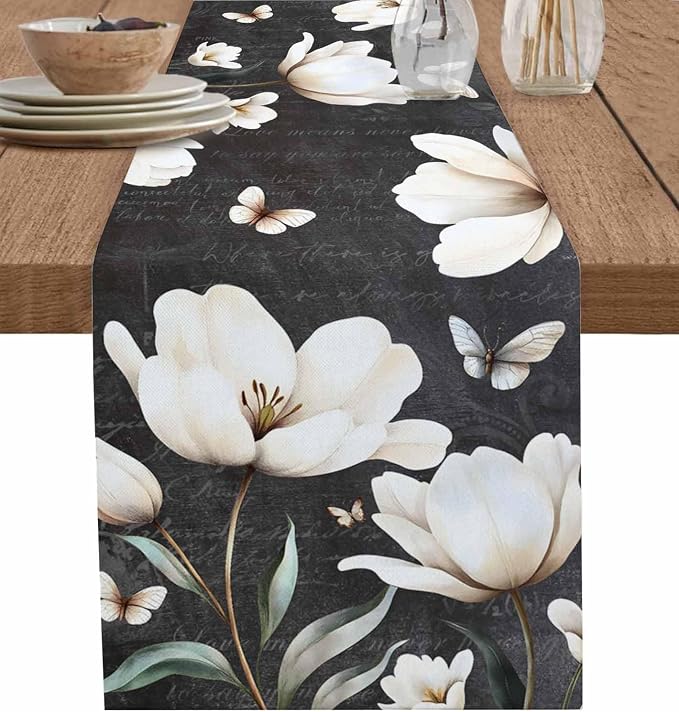 Farmhouse Floral Table Runners 72 Inches Long, Cotton Linen Fabric Table Runner by Edwiinsa