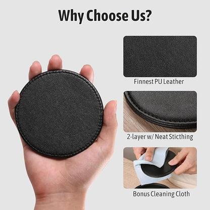 Drink Coasters with Holder, 4" Leather Coasters for Drinks Set of 6 for Tabletop Protection, Elegant Home Decor & Handmade Housewarming Gift - Black
