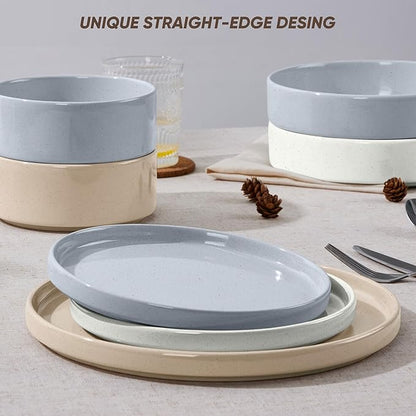 E-far Dinnerware Sets with Pasta Bowls, 24-Piece Stoneware Plates and Bowls Sets for 6 | Microwave & Dishwasher Safe Kitchen Modern Dish Set, Speckled Multicolor