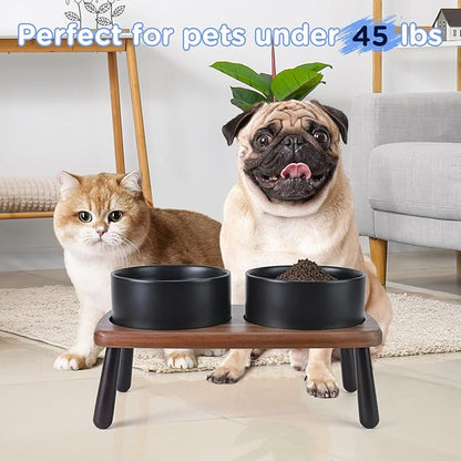SPUNKYJUNKY Ceramic Elevated Dog Bowls Raised with Acacia Bamboo Wooden Stand, 6.1'' Dog and Cat Food Water Bowls Set Non-Slip for Small Medium Sized Breed Microwave Dishwasher Safe - 28.7 OZ,Black