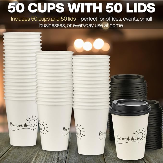 Disposable Coffee Cups with Lids, To Go Paper Hot Cups, Rise and Shine Design - Image 5
