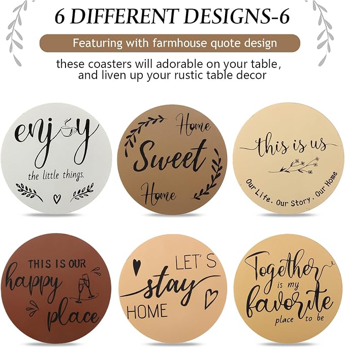 Queekay Coasters Set of 6 House Warming Gifts New Home Wooden Farmhouse Drink - Image 4