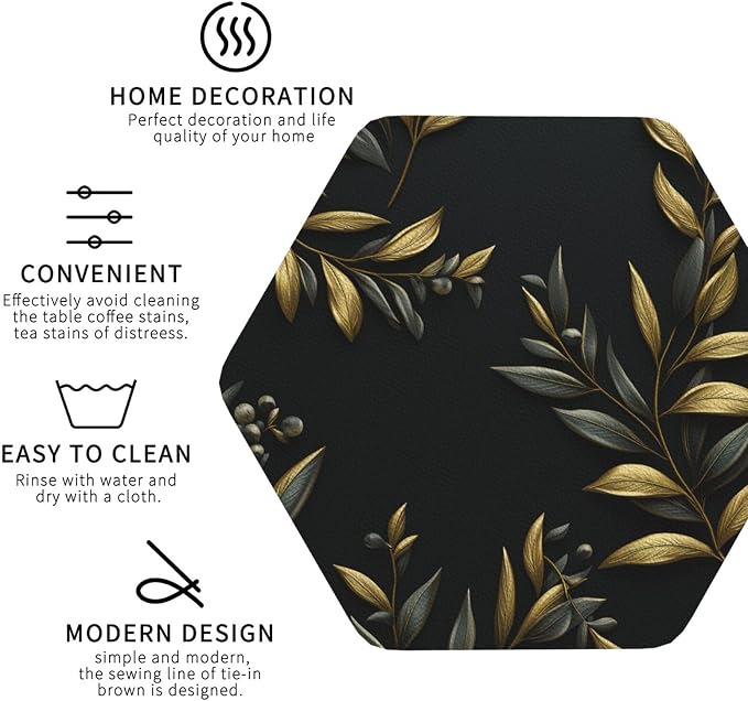 4Pcs Leather Coaster for Drinks Golden Olive Branch Cup Coasters Aesthetic - Image 3
