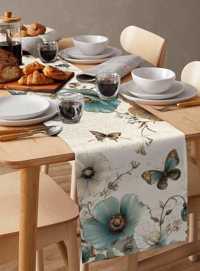Turquoise Tulip Table Runners 72 Inches Long, Spring Vintage Botanical Table - Image 3