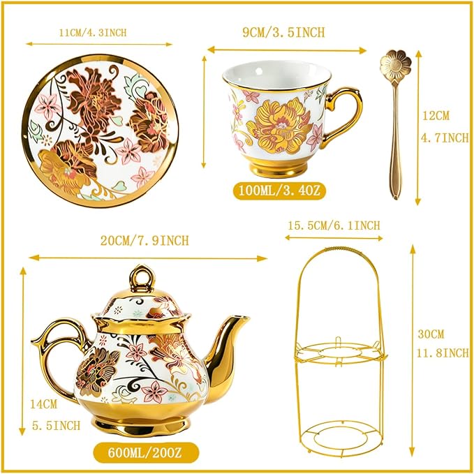 CHANJOON Gold Plated Red Rose Ceramic Tea Set, Vintage Tea Sets - Image 3